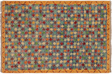 handmade Geometric Balouchi Blue Gold Hand Knotted RECTANGLE 100% WOOL area rug 4' x 5'